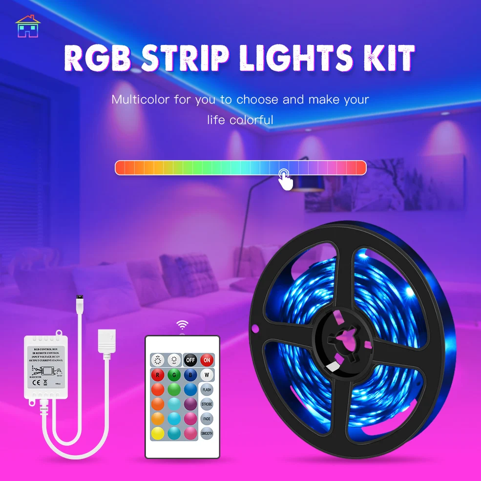 5050 RGB LED Strip Light 5m 10m 15m 20m Non Waterproof 30led/m Diode Flexible Tape+IR 24Key Led Controller+12V DC Adapter set