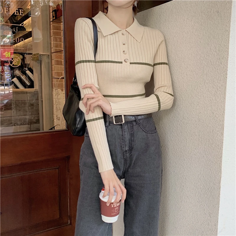 gkfnmt Women Sweater 2021 New Fashion Turn-down Collar Autumn Winter Striped Office Lady Pullover Slim Knitted Sweaters Chic