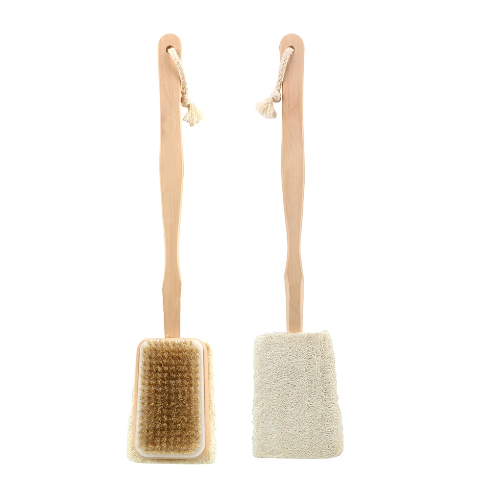 Wooden Handle Loofah Bristle Both Side Bath Brush Bath Sponge Massage Shower Skin Cuticle Grease Remove Body Back Cleaning Brush