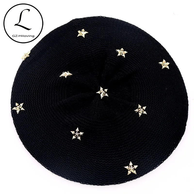 

Women Star Cotton Beret Caps Beanies Soft Thin Oversize Knitted Slouch hats 2020 new Ladies Female Bonnet Women caps Spring