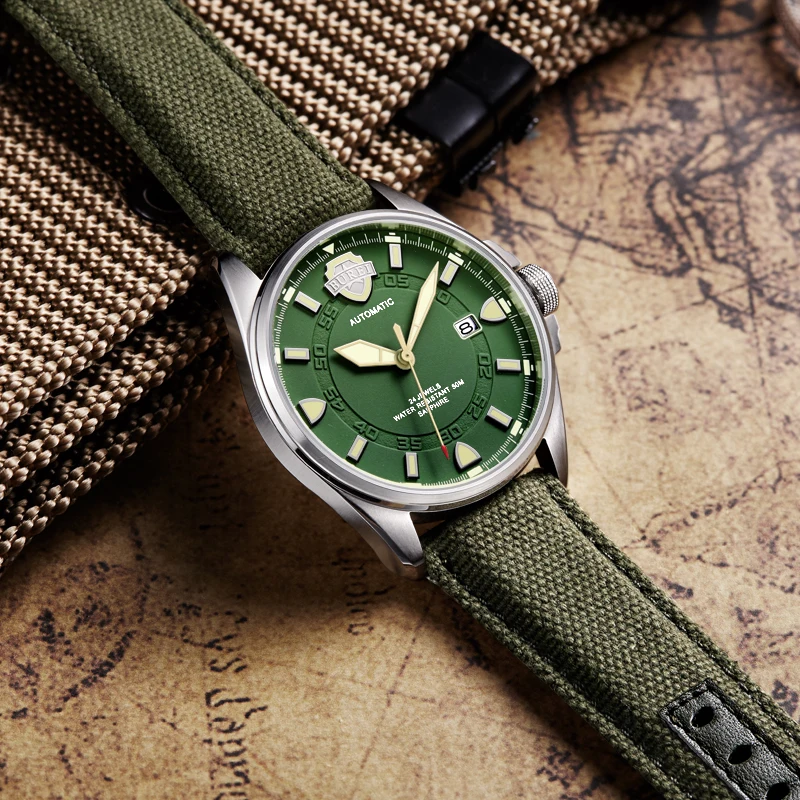 

NH35 BUREI Luxury Brand Men Automatic Watch Sapphire ArmyGreen Military Mechanical Watch for Men Canvas Relogio Masculino 2021