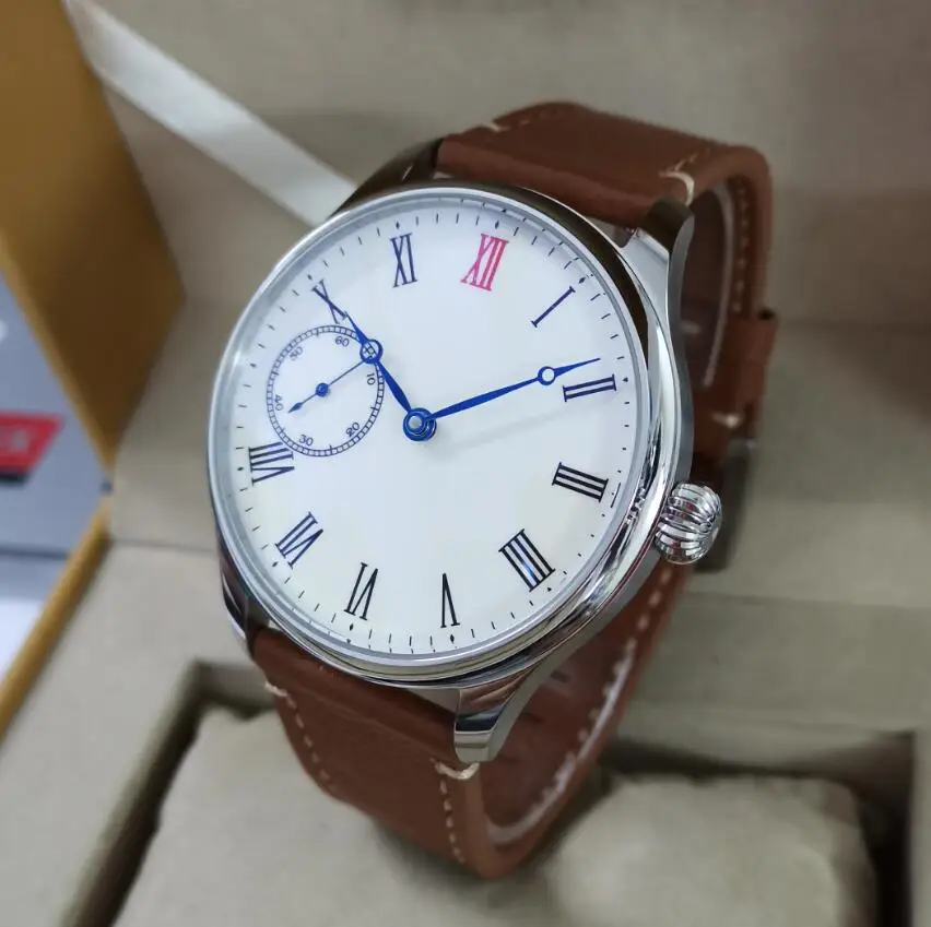 

GEERVO No logo 44mm Manual mechanical men's Watch White enamel dial Roman number Blue circle hand ST3600-2 Movement