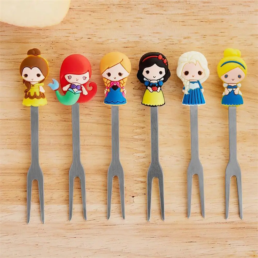 6Pcs/set Cute Cartoon Princess Stainless Steel Dessert Fruit Forks with Holder Set Mini Salad Fruit Fork Food Flatware