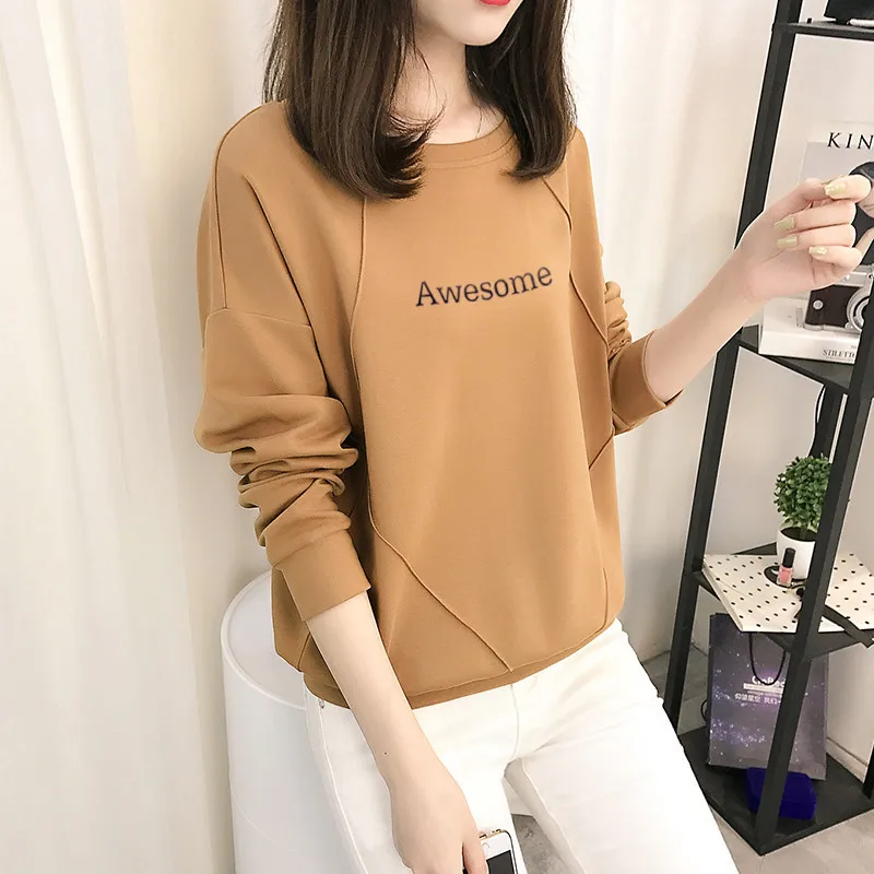 Spring Fall 2021  Letter Print Casual long sleeve crewneck pullover oversized tops crew neck sweatshirt plain hoodies women C170