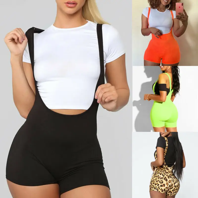

Fashion Women Spandex Bib Shorts Summer Casual Solid Color High Waist Romper Trouser 2020 New