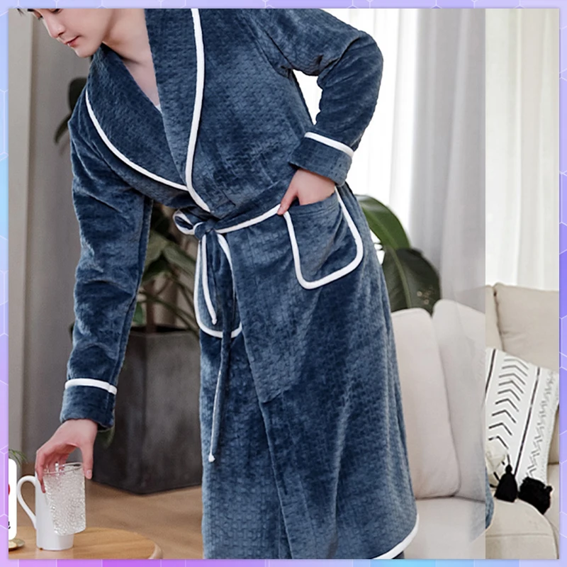 Winter Solid Men\'s Bathrobe Terry Female Casual Kimono House Blanket Gown Long Robes Thick Warm Sleepwear Nightgown Male L-3Xl