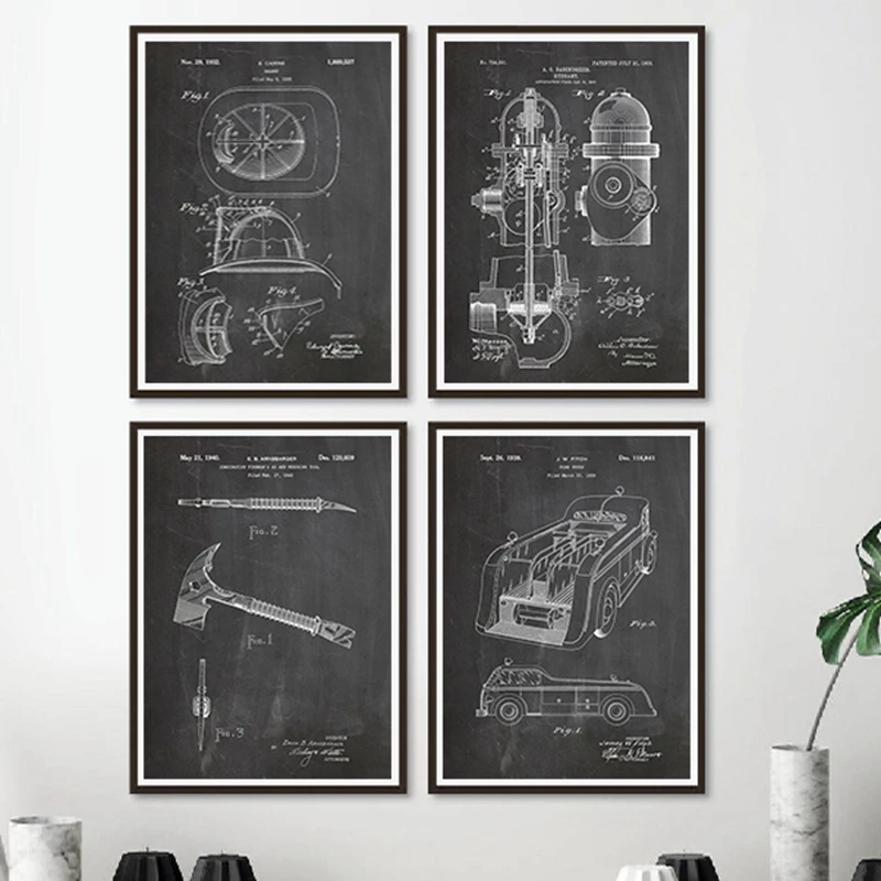 Fireman Gifts Firefighter Patent Vintage Canvas Posters and Prints Firefighter Fire Truck Black White Pictures Wall Art Painting