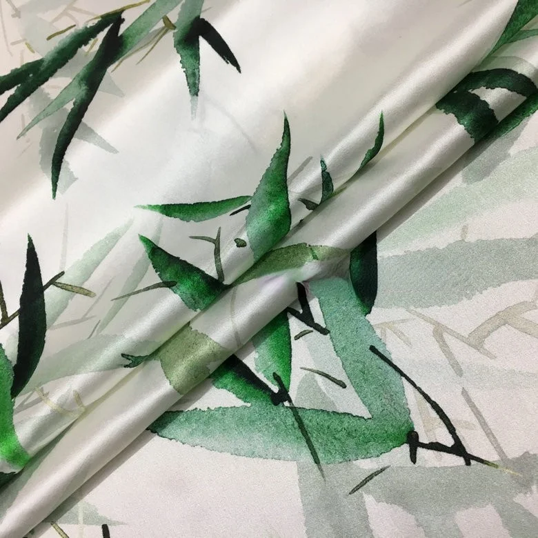 Hand-painted green bamboo leaf printing Chinese style digital printing fabric natural mulberry silk high fashion textile fabric