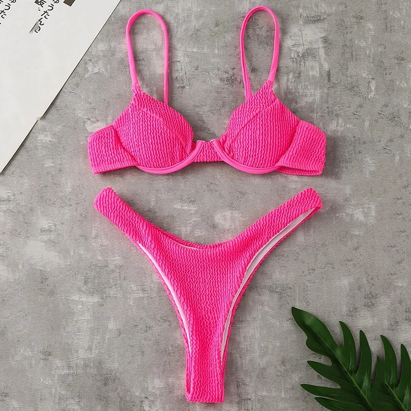 New Ribbed Underwired High Cut Bikini Swimsuit Female Swimwear Women Two-pieces Bikini set Thong Bather Bathing Suit Swim Lady