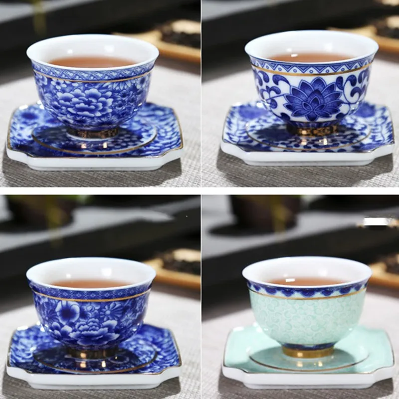 Jingdezhen-Blue and White Flower Tea Cup with Saucer, Porcelain Tea Bowl, Ceramic Kung Fu Teacup, Coffee, Beer, Wine Mug