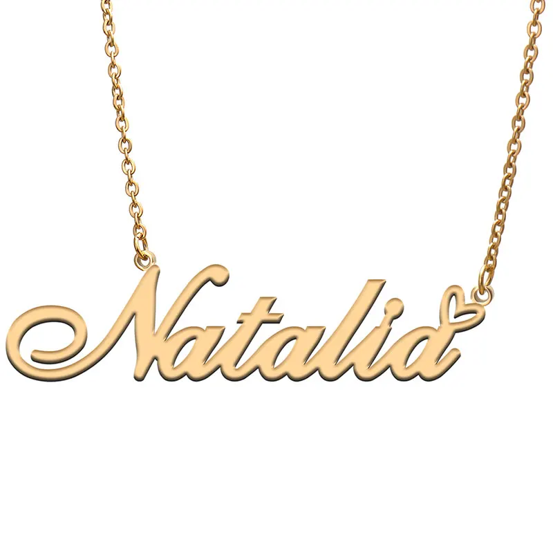 Natalia Name with Love Heart Necklace for Women Stainless Steel Jewelry Nameplate Pendant Femme Mother Child Girls Gift