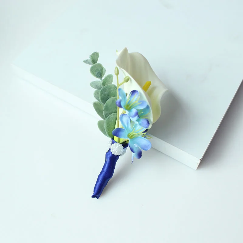 Broche de teste de casamento, broche branco bufante de alfinete, flor azul, noivo, decoração de casamento, planejador