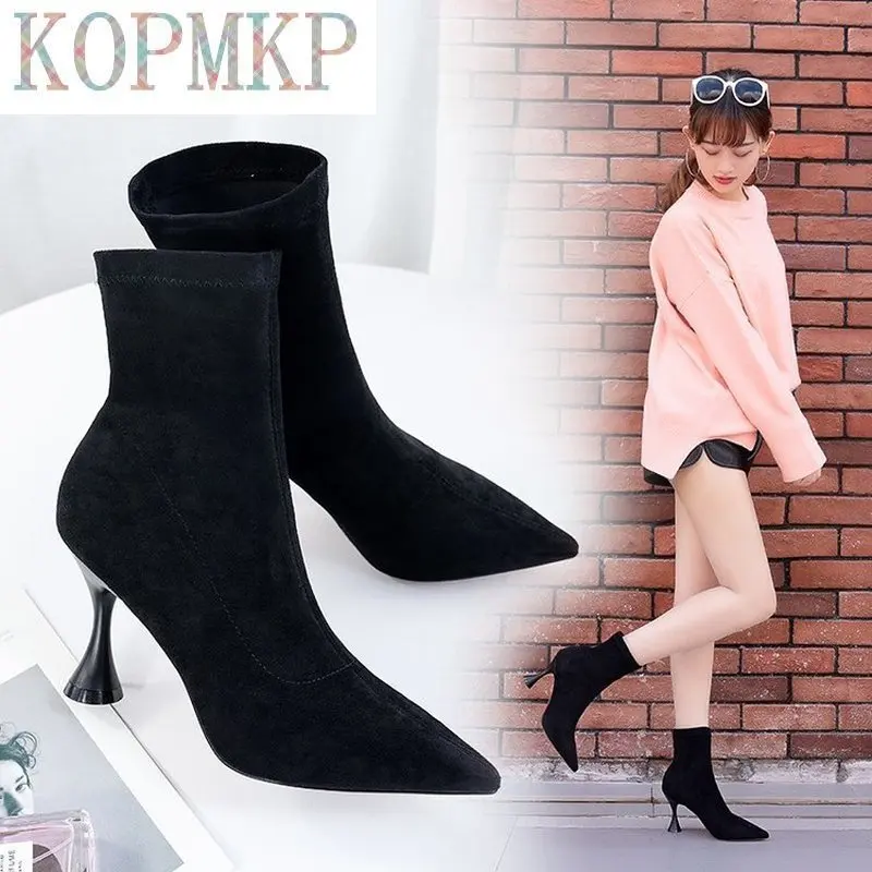 2021 New Fashion Women Ankle Boots Pointed Toe High Heel Stiletto Soft Suede Slip-on Boot Purple Black Red Cozy Botas Flock