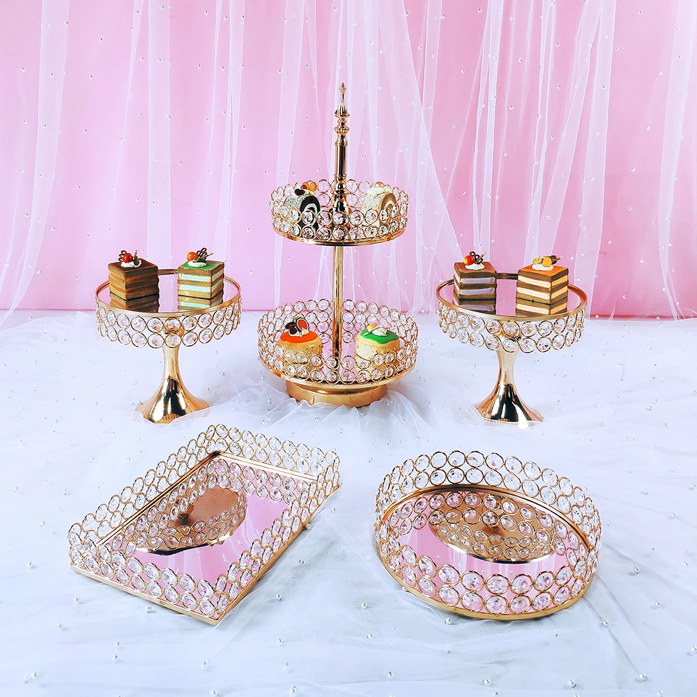 4-8pcs Gold Metal Electroplate Acrylic Mirror Cake Stand Set Display Wedding Birthday Party Dessert Cupcake Plate Rack