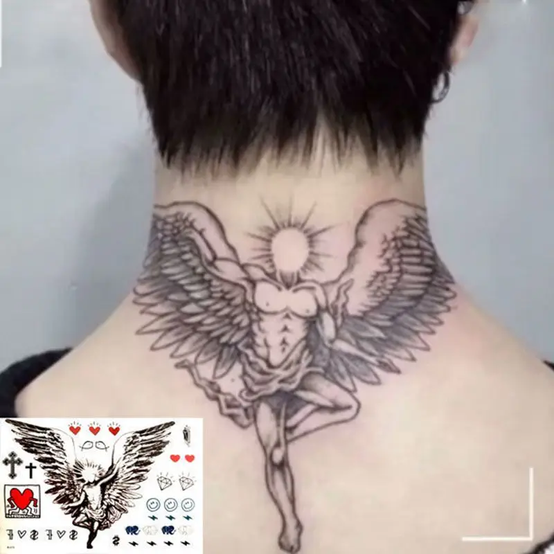 

Dark Series Wing Angel Neck Temporary Tattoo Sticker Cross Fake Tattoo Skull Monster Cat Body Art Waterproof Flower Tattoo Hot