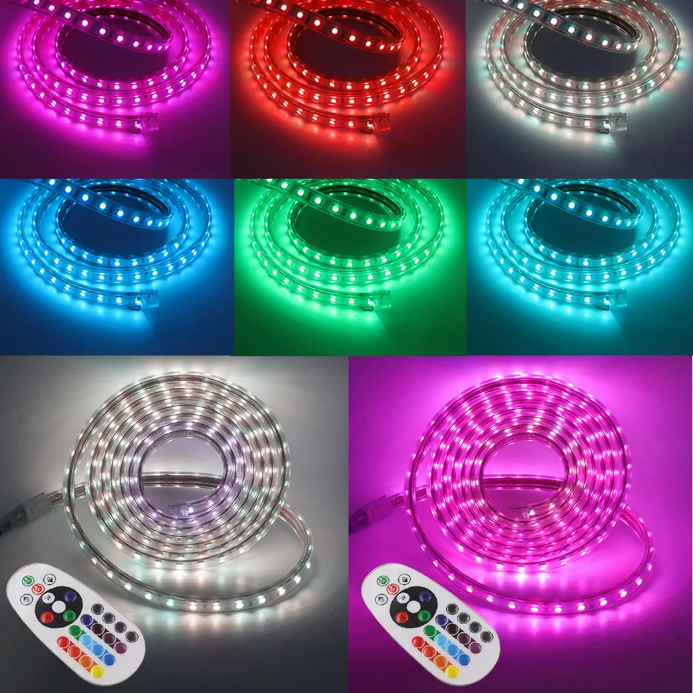 Waterproof LED Strip Light 5050 RGB 220V 230V 240V AC 60LEDs/m Remote Control Flexible Led Ribbon Tape Outdoor Decoration