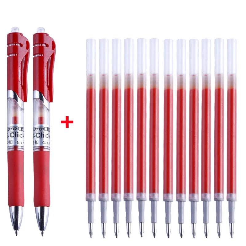 (Set of 2Pen+10 Refills) Press Type Gel Pen Black/blue/red Ink Bullet Spring 0.5 Mm School and Office Supplies (not Erasable)