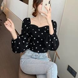 Blouse Femme 2020 Autumn New Polka Dot Black White Puff Sleeve Top Chiffon Shirt Square Collar Casual Long Sleeve Women Shirt