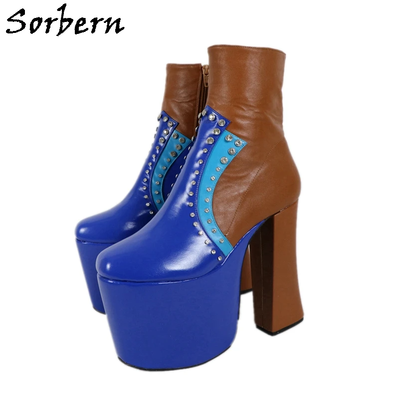 Sorbern Crystal Sparked Ankle Boots Women Thick Platform Block High Heel Shoes Square Toes Custom Calf Width And Shaft Length