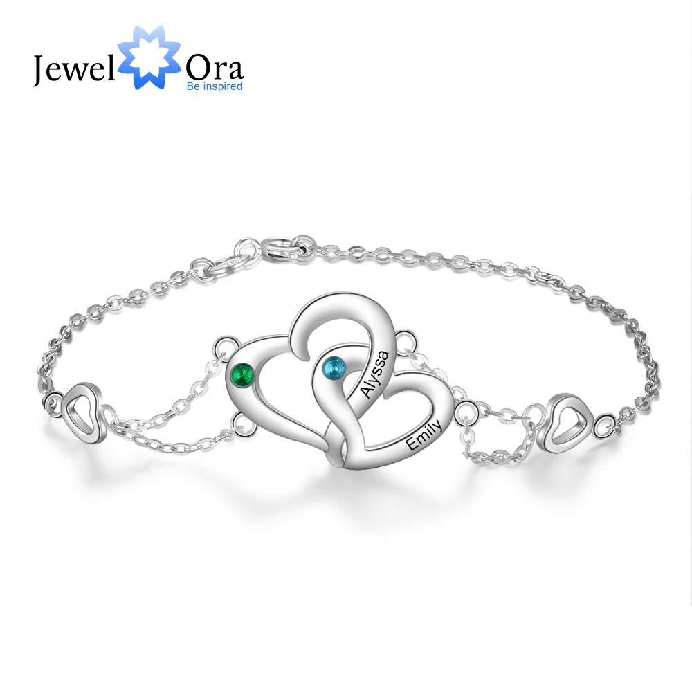 

Personalized Intertwined Heart Bracelet with Birthstone Women Engraved Name Bracelets Custom Gift for Lovers(JewelOra BA102562)