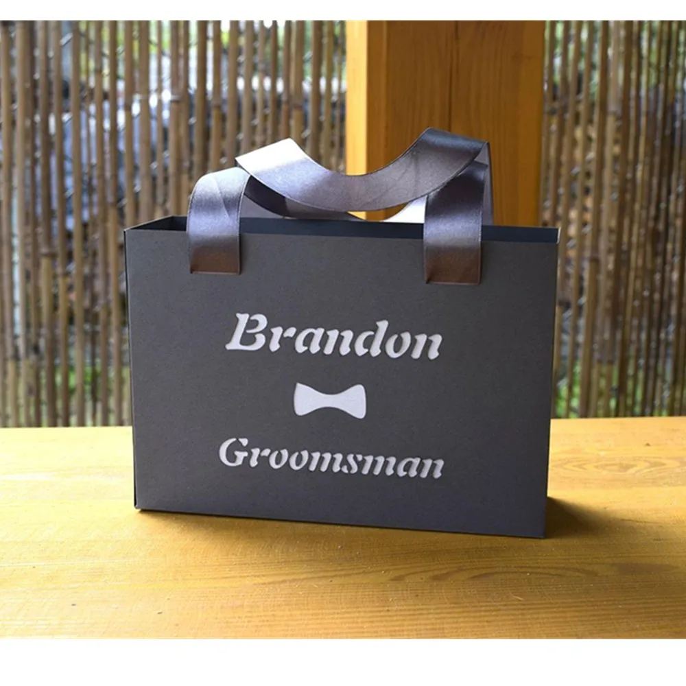 Personalised Gray Gift Bag with Ribbon, Bridesmaid Wedding Gift Bag, Groom gift bag ,cutom  Black Gift bag, Best Mangift bag,