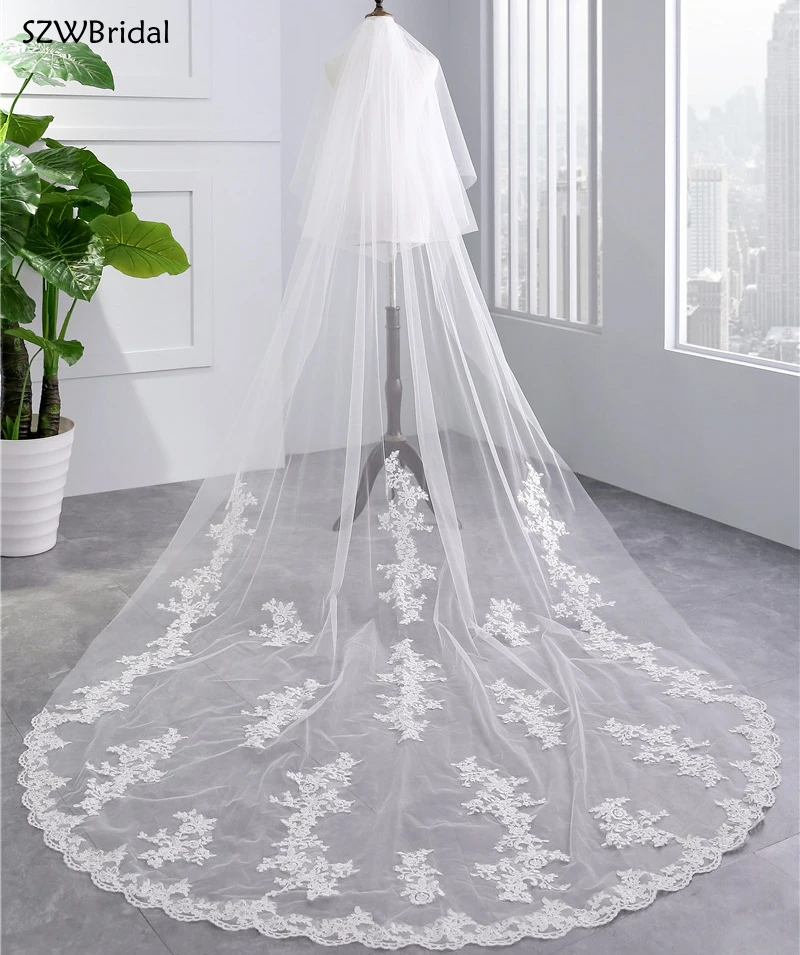 

New Arrival Two-layer Wedding Veils Lace Applique 3.5 Meter Bridal Veil Long Wedding Accesorios Novia Boda Velos Bridal Headwear