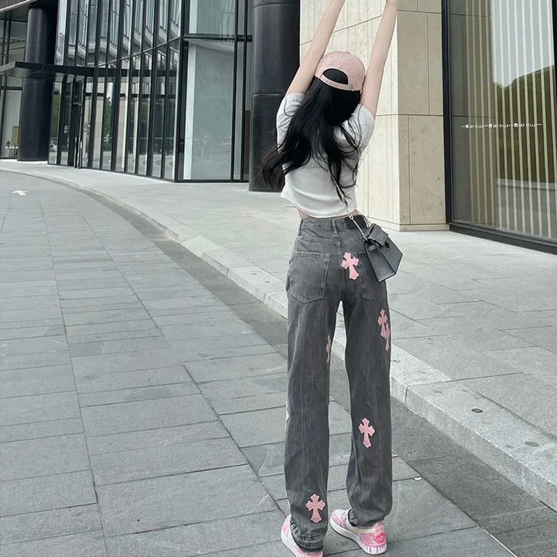 Jean croisé en cuir rose vintage pour femmes, jean droit gothique gris adt, streetwear frit pour fille, denim hip hop, mode automne, nouveau
