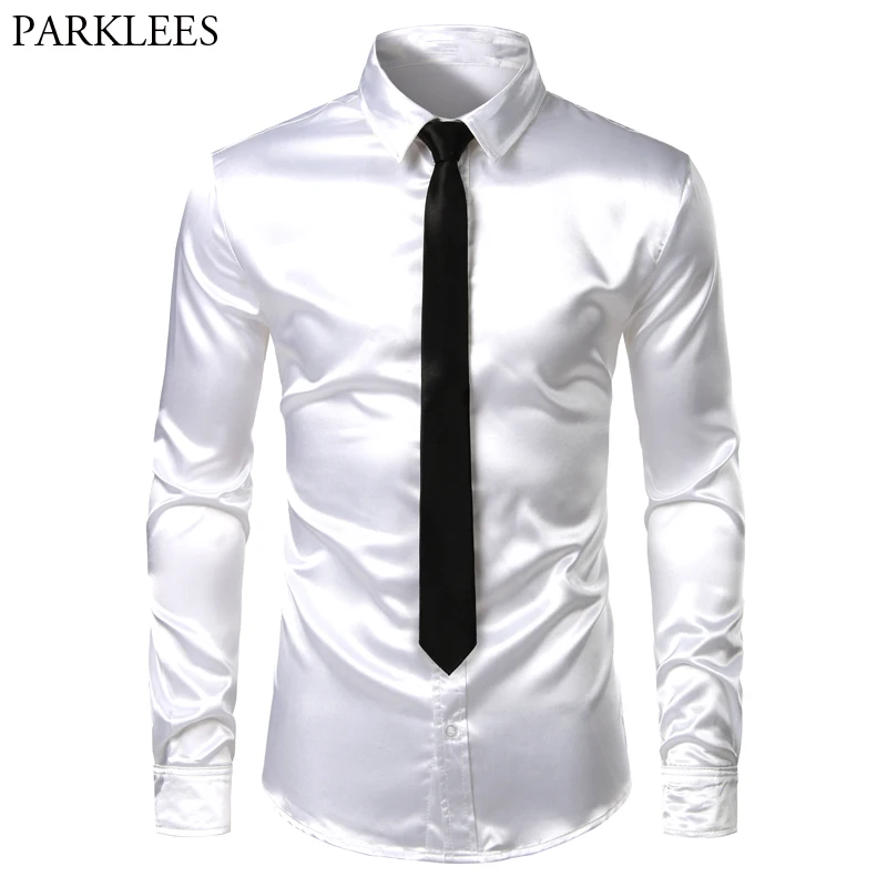 Degli uomini di 2 Pezzi (Camicia + Cravatta) raso di Seta bianco Camicie eleganti Slim Fit Manica Lunga Pulsante Imbottiture Camicia Maschile Da Sposa Promenade Del Partito Chemise