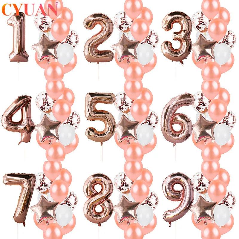 12pcs Rose Gold Balloons 40inch Number Balloons Confetti Balloon Set Birthday Party Decorations Kids Girl 1 2 3 Old Year Globos