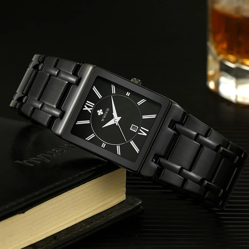 Womens Fashion Full Black Watch Ladies Square Quartz Clock WWOOR Top Brand Luxury Elegant Women Dress Wrist Watches Montre Femme