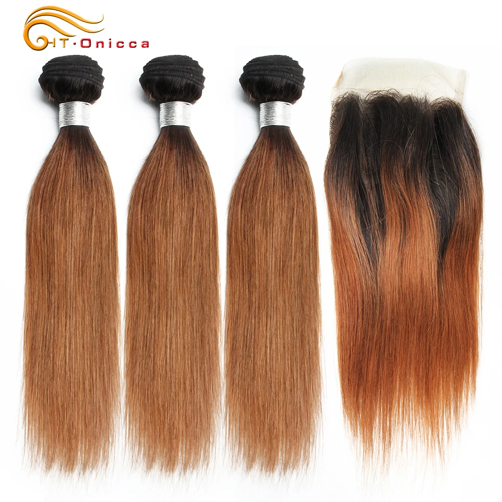 70g/pc Blonde Bundles With Closure 1B 30 Brazilian Straight Hair Bundles With Closure Ombre Human Hair 3 Bundle With Closure