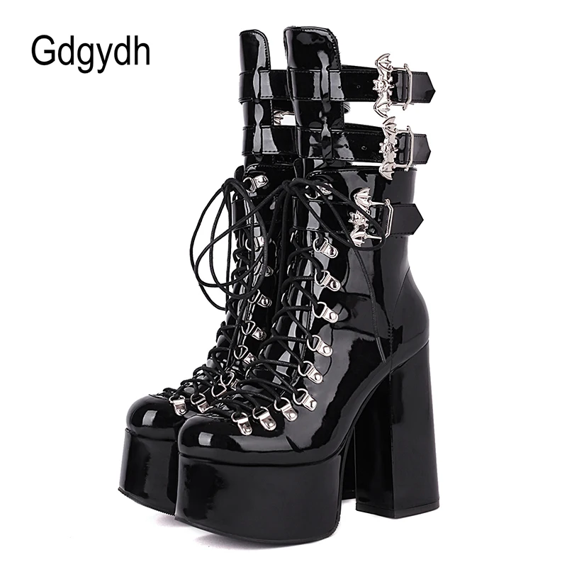 Gdgydh Gothic Style Black Platform Boots Bat Wings Sexy Clube Night Modern Boots Women Mid Calf Ankel Buckle Strap Plus Size 46