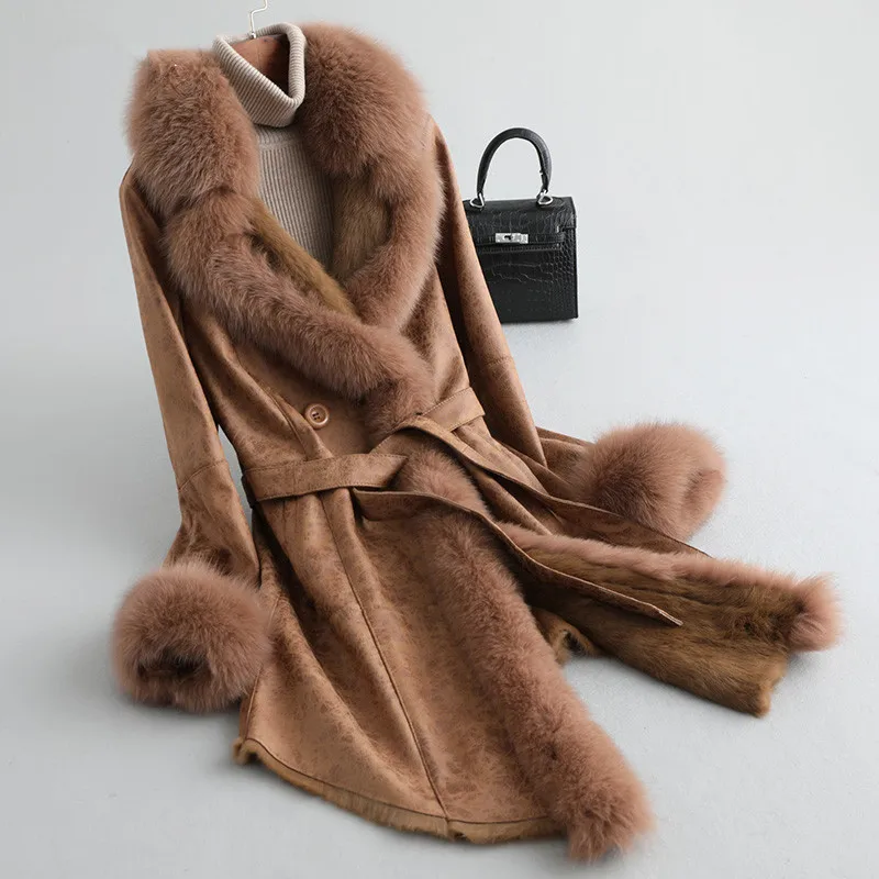 

Coat Winter Women Double Faced Real Rabbit Fur Coat Female Fox Fur Collar Real Leather Jackets for Women Clothes 2020 MY