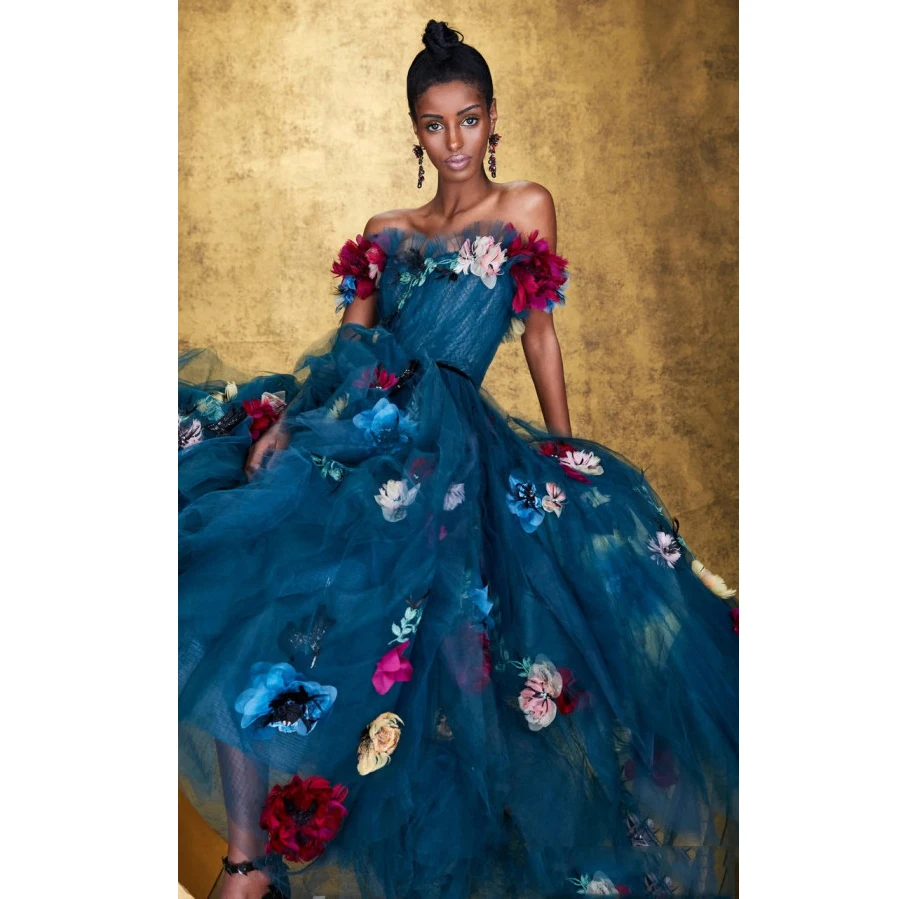 Garden Royal Blue Tulle Floral Women Dresses Off The Shoulder Ankle Length Formal Event Gowns 3D Flower Women Outfit