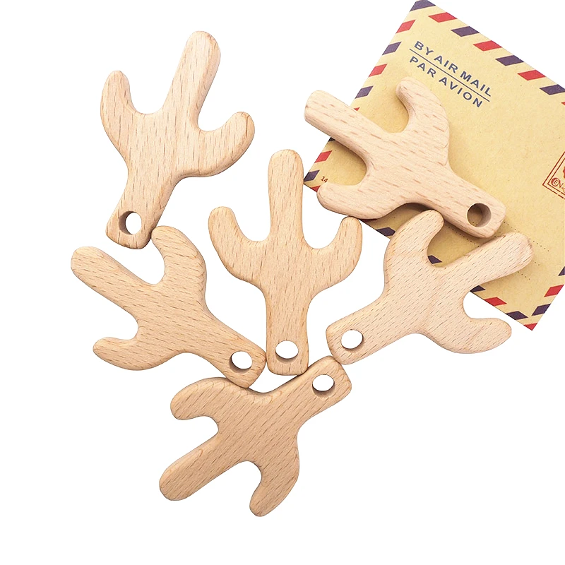 Chenkai 10pcs Organic Baby Wood Cactus Teether Natural Teething Grasping Toy Baby Toddler Wooden Teether DIY Newborn Baby Gift