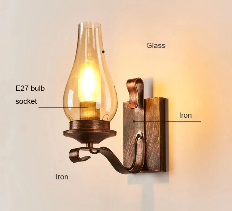 Retro Industrial Light Iron Wall Lamp Creative Restaurant Corridor Bedroom Bedside Glass Wall Light Living Room Hotel Lighting