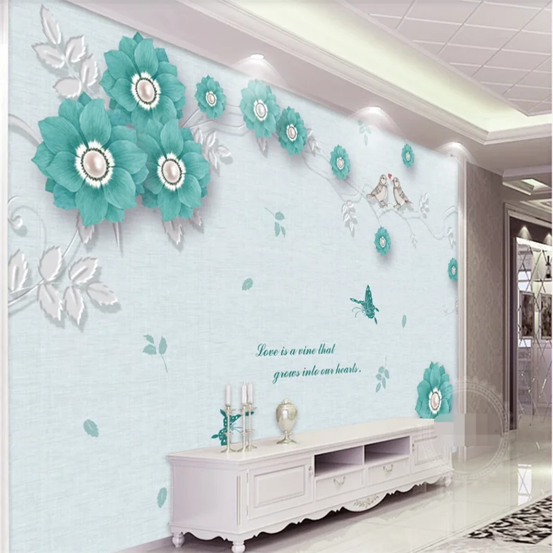 

xuesu Simple and elegant blue jewelry three-dimensional flower cotton and linen custom wallpaper 8D waterproof wall covering