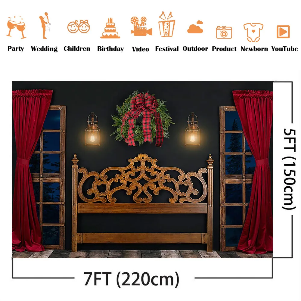 คริสต์มาส Headboard ฉากหลังสำหรับถ่ายภาพ Windows ฉากกลางคืนพวงหรีดพื้นหลังภาพพื้นหลังสีแดงผ้าม่านน้ำมัน Photocall Props