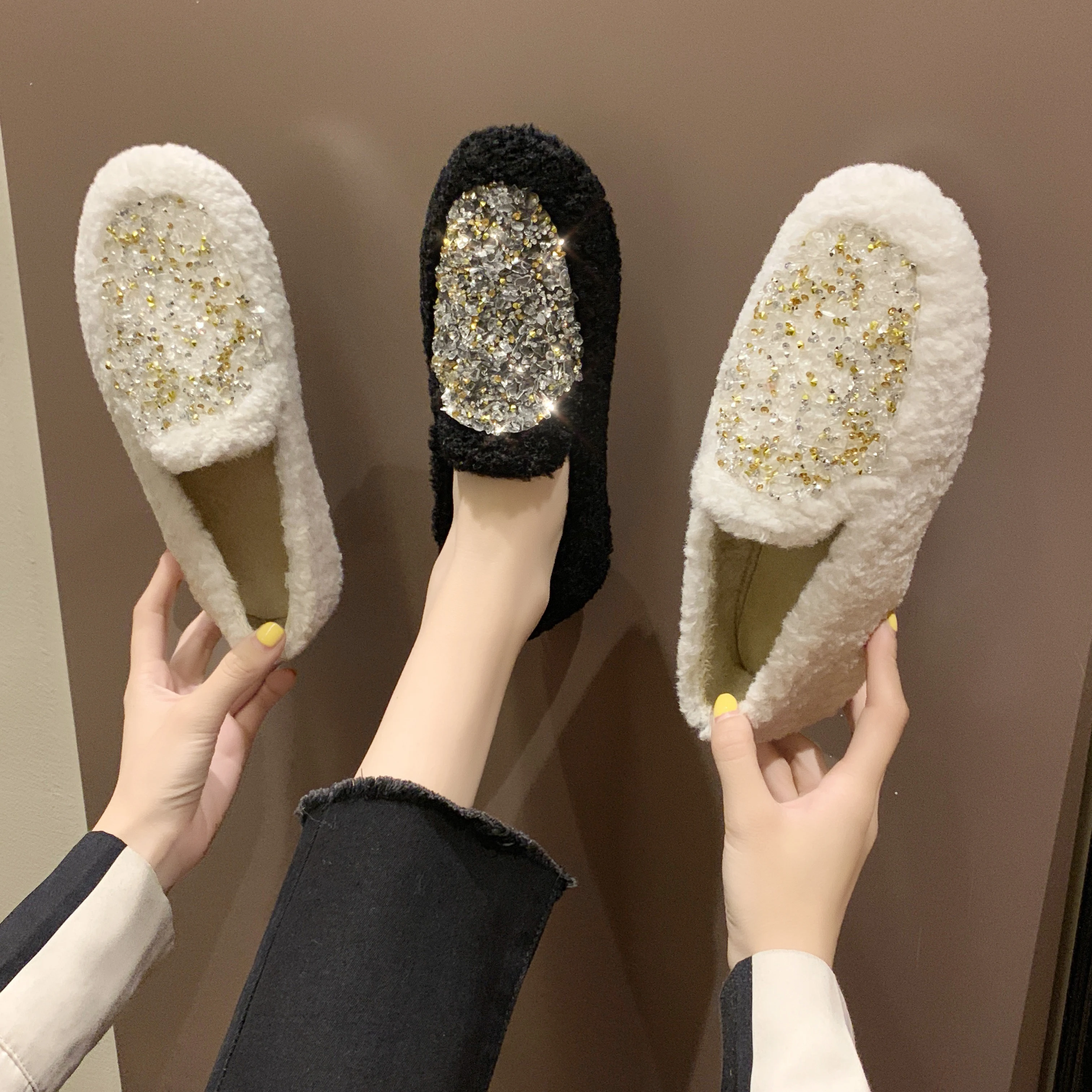 LazySeal inverno caldo Bling donna Flat Snow inverno peluche pelliccia mocassini femminili pelliccia sintetica scarpe Casual femminili appartamenti