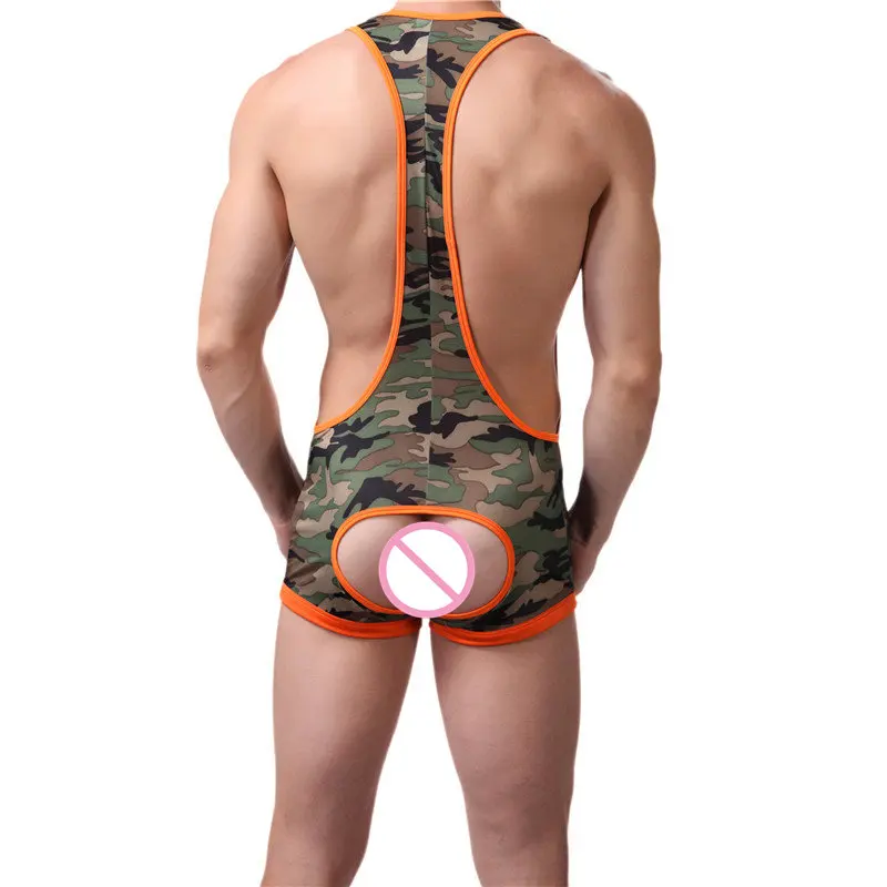 Men Camouflage Undershirts Jock Strap Sexy Penis Pouch Jumpsuits Wrestling Singlet Bodysuits Lingerie Open Butt Gay Underwear