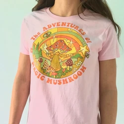 The Adventures of Magic Mushroom Women Vintage Ringer T-Shirt Street Style Hipsters Graphic Tee 90s Gothic Aesthetics Tops Tees