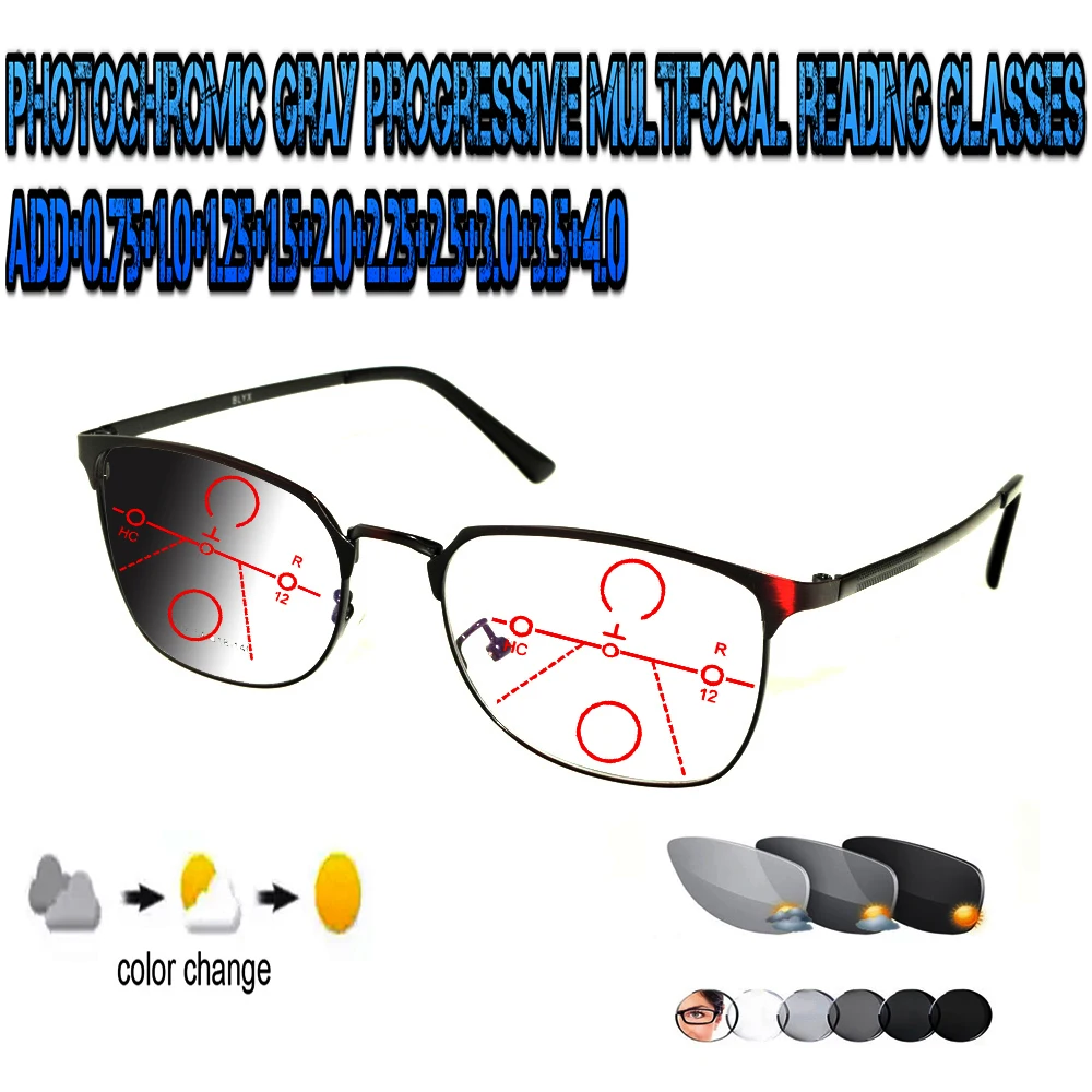 

Photochromic Gray Progressive Multifocal Reading Glasses Ultralight Squared Large Size Metal Frame Fashion +0.75 To +4.0