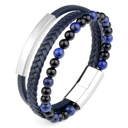 Men Genuine Leather Stone Bracelet Lapis Lazuli Beads Stainless Steel Clasp Multilayer Charm Bracelets Gifts For Male Jewelry