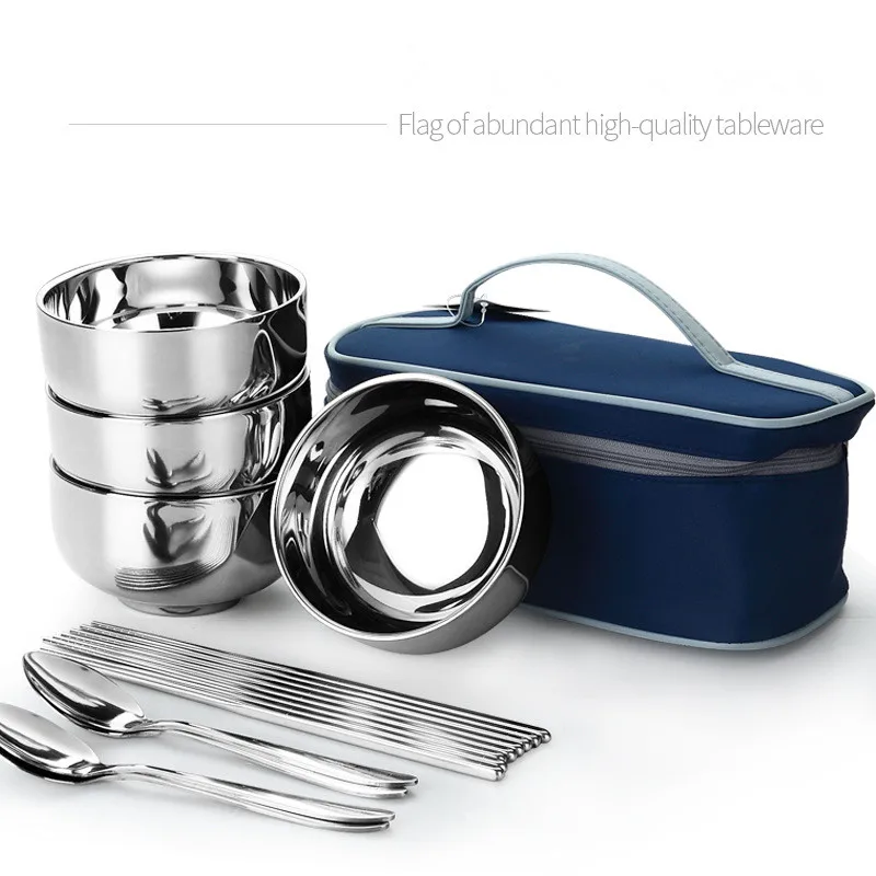 Outdoor Stainless Steel Tableware Camping Cutlery Foldable Chopsticks Spoon Bowls Picnic Tourist Set Bag Dinnerware Travel Tools