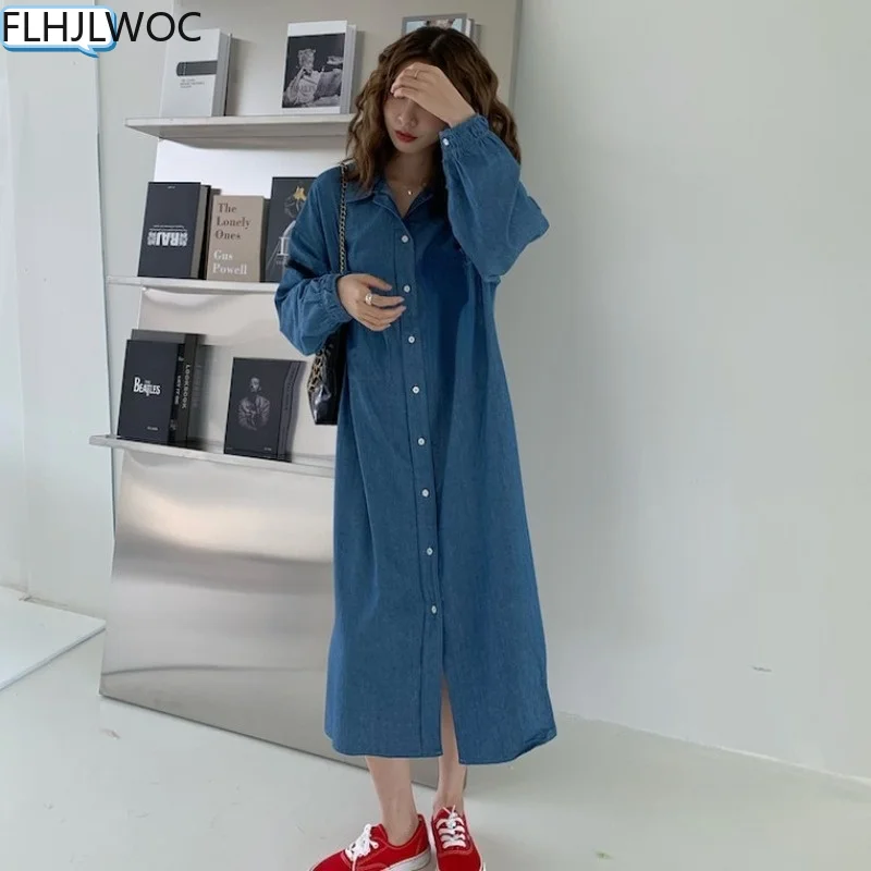 Chic Korea Loose Lazy Outerwear Vestidos Hot Sales Women Fashion Single Breasted Button Long Denim Jeans Blue Shirt Dress