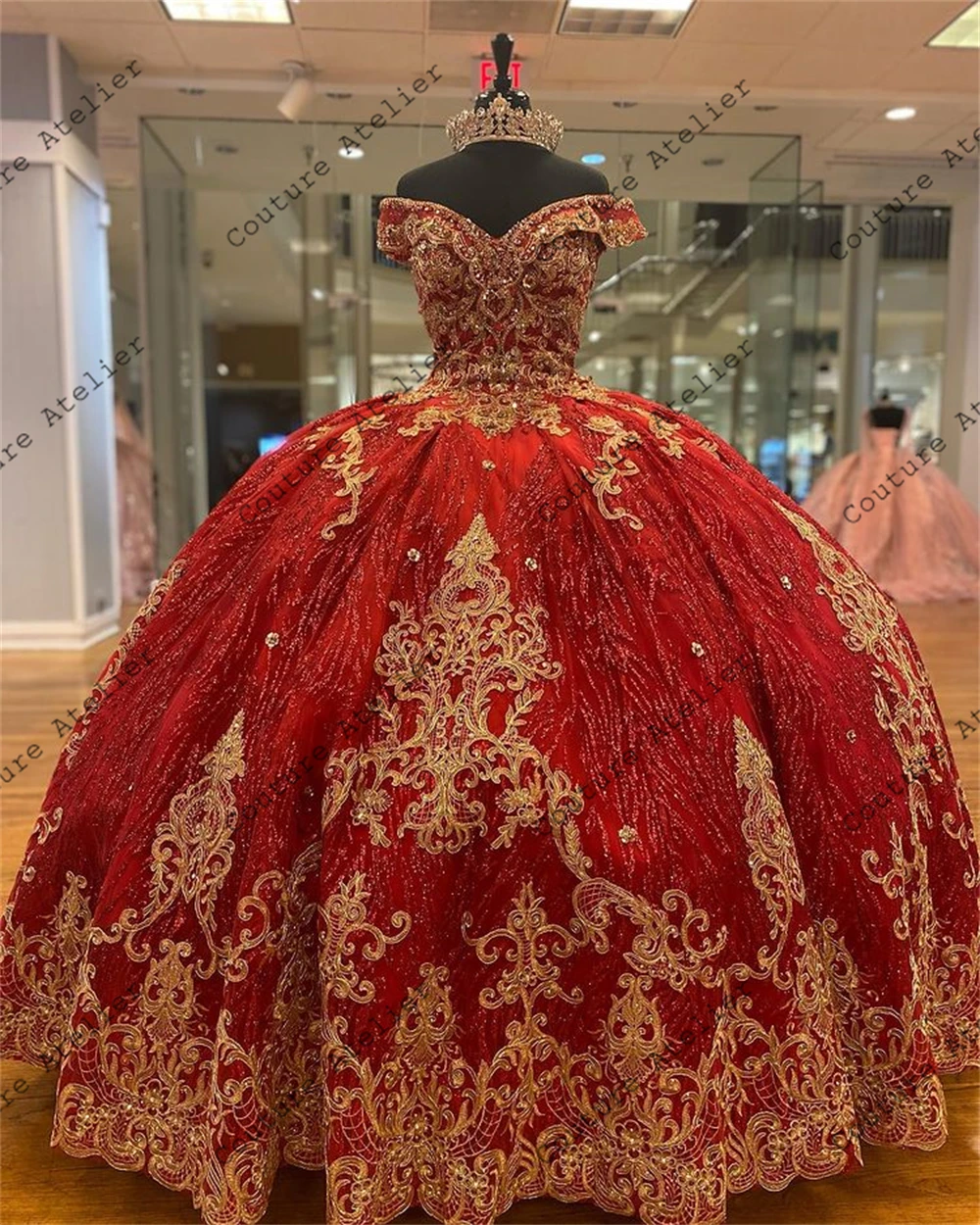 Vestido de baile rojo de lujo, traje de quinceañera, apliques dorados, Formal, graduación, con cordones, dulce 15 16, hombros descubiertos