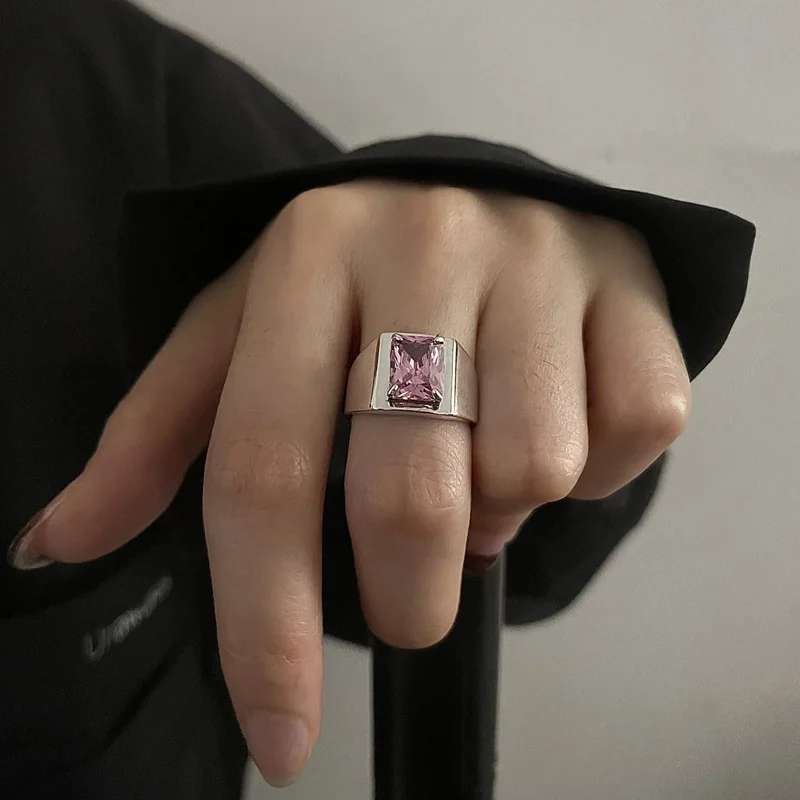 FOXANRY Silver Color Wide Rings for Women Fashion Hip Hop Vintage Creative Sparkling Pink and Yellow Zircon Party Jewelry