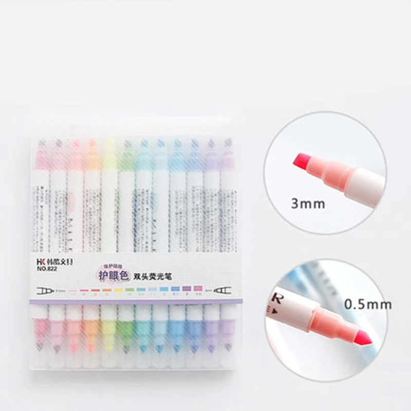 12Pcs/set 12-Candy color Double Headed Fluorescent Pen highlighter pen Key Markers Colour Drawing Mark Stationery school