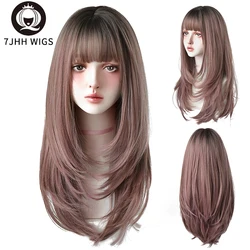 7JHH สังเคราะห์วิกผมสีชมพูยาวตรงผมสีน้ำตาลด้านบนย้อมสีดำ Omber Wigs กับ Bangs สำหรับผู้หญิงแฟชั่นความร้อนวิกผม