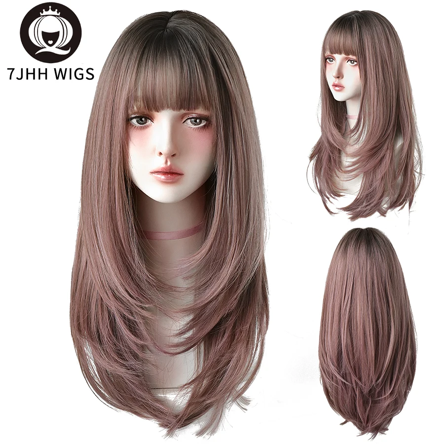7JHH Peruki syntetyczne Długie proste różowe brązowe włosy Top Dyed Black Omber Peruki z grzywką Dla kobiet Moda Peruki termoodporne